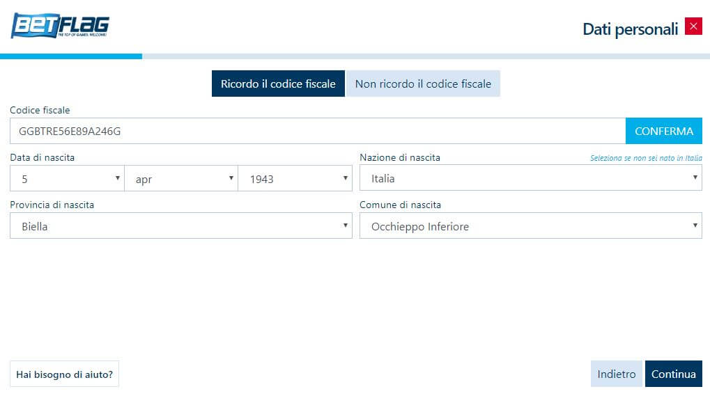 codice fiscale registrazione betflag