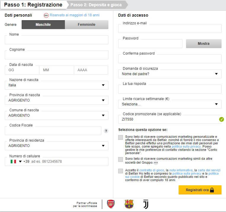 iscrizione betfair